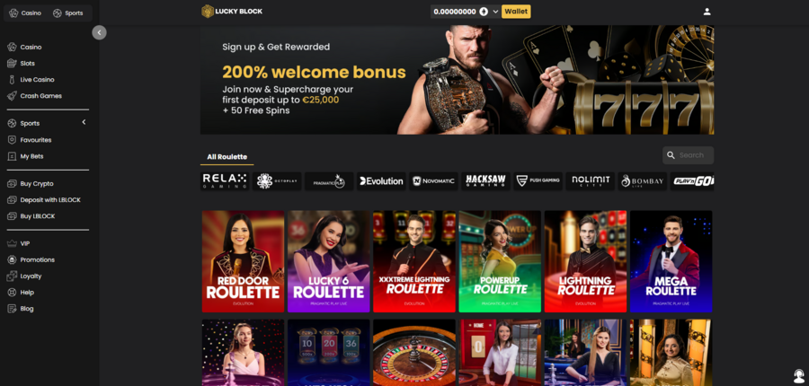 The roulette section of the Lucky Block Casino website