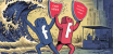 Major US news outlets see steep decline in engagement on Meta. This image depicts an anthropomorphized blue Facebook character and a red Facebook character, each holding up shields. The blue character's shield is labeled "FAKE NEWS" while the red one's shield reads "ELECTION INTEGRITY PLEDGE." They stand in a defensive posture against a menacing wave labeled "FAKE NEWS," suggesting a battle against misinformation. In the background, a newspaper stand with a dimly lit interior implies a contrast to the prominent digital misinformation fight.