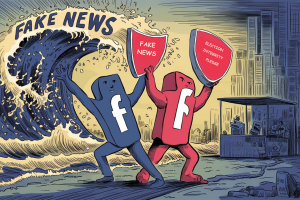 Major US news outlets see steep decline in engagement on Meta. This image depicts an anthropomorphized blue Facebook character and a red Facebook character, each holding up shields. The blue character's shield is labeled 