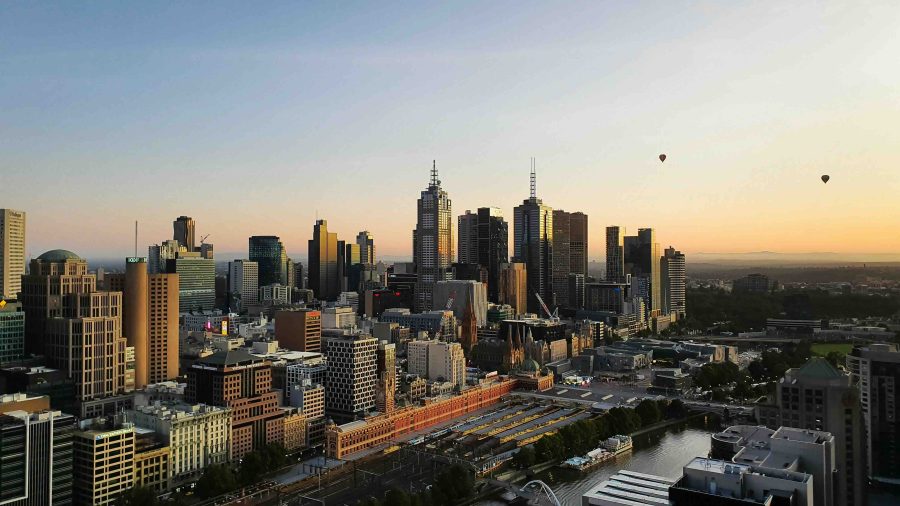 Skyline with sunrise and balloons, Melbourne, Australia