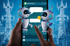 Meta tests AI on WhatsApp and Instagram users in India and parts of Africa. Two animated robots engaging in a handshake, displayed on a smartphone screen with the WhatsApp application open. The background features stylized transmission towers and a digital cityscape, symbolizing connectivity and advanced technology. A smiley face emoji floats in the chat bubble, indicating a friendly interaction within the app.