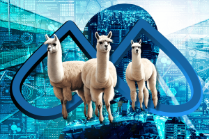 Meta to release open-source Llama 3 LLM next month. Three llamas superimposed on a blue infinity symbol with a digital, cityscape background.