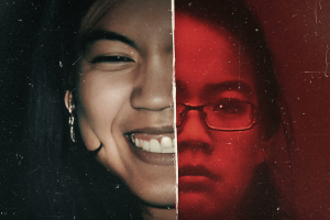 Netflix accused of using AI-altered images in true crime documentary. A split image contrasting two sides: on the left, a close-up of a cheerful woman smiling, with visible teeth and dangling earrings against a dark background; on the right, a somber-looking woman with glasses, her face partly in shadow, cast in a red tint. The overall effect suggests a dichotomy or before-and-after portrayal.