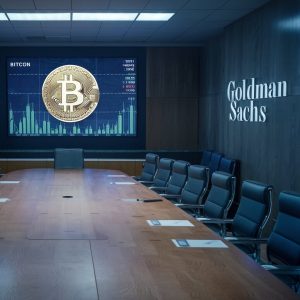 An empty corporate boardroom. on the back wall a large TV screen displays the Bitcoin symbol and financial charts. On a side wall is written: Goldman Sachs.