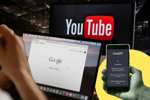 OpenAI and Google accused of using YouTube transcripts for AI. The image shows a collage of electronic devices displaying various interfaces: a laptop screen with the Google homepage, another screen featuring the YouTube logo, and a smartphone showing the ChatGPT app interface. The ChatGPT screen lists some of its capabilities, such as remembering what the user said earlier in the conversation, allowing the user to provide follow-up corrections, and being trained to decline inappropriate requests. The image suggests a discussion about the relationship between artificial intelligence and popular online platforms.