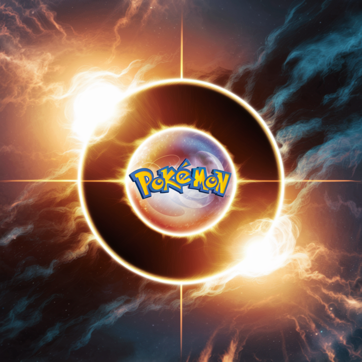 A cinematic rendition of a solar eclipse, with the sun and moon eclipsing, creating an intense and mysterious atmosphere. In the center of the eclipse, the iconic Pokémon logo is visible, adding a playful and vibrant touch. The background features a dramatic, cosmic landscape with stars and galaxies, giving the scene an epic and otherworldly feel