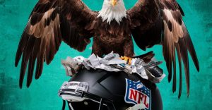 An Eagle makes a nest of betting slips in an NFL helmet