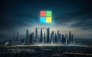 The Abu Dhabi city skyline with a Microsoft logo floating above it