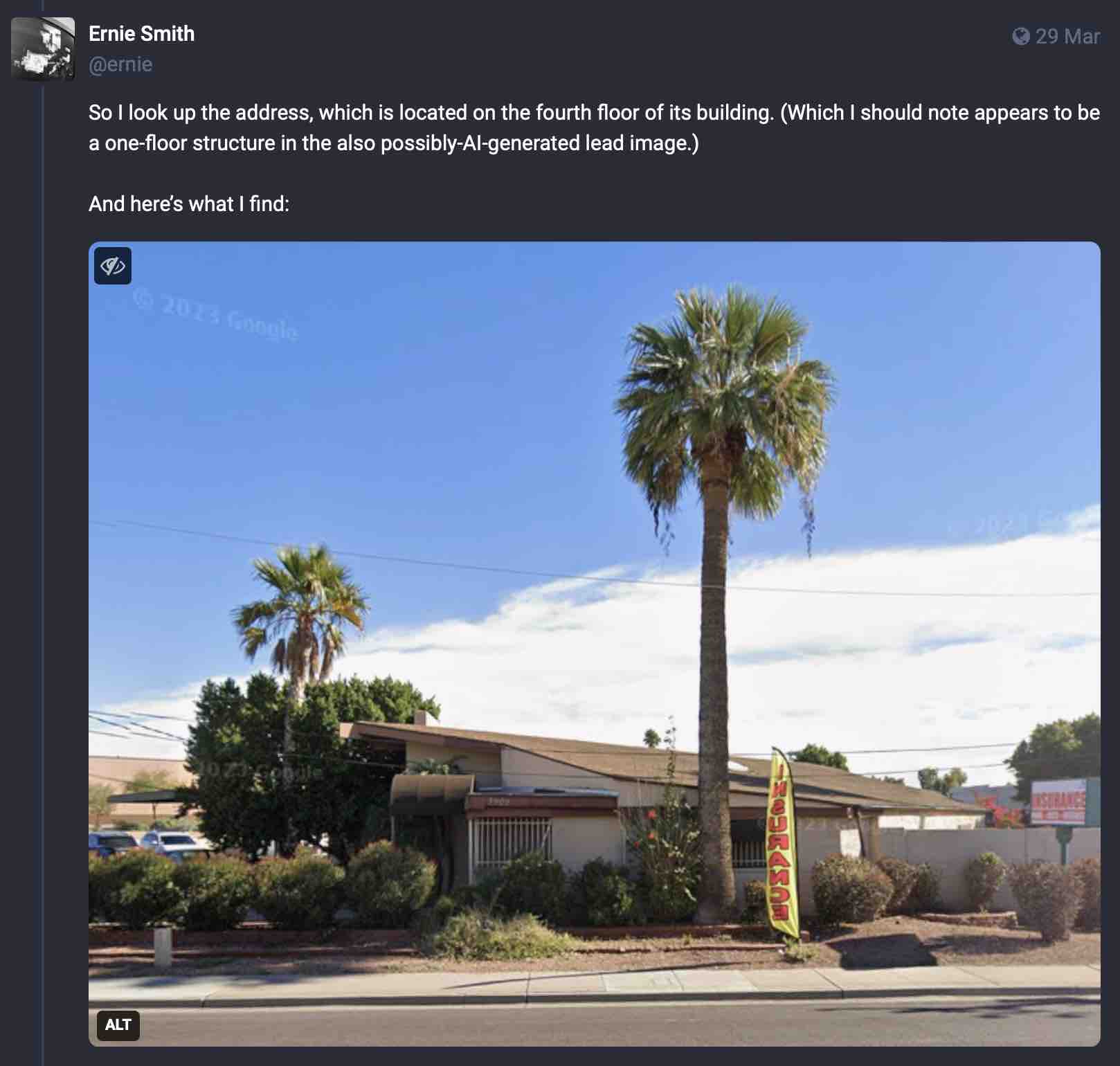 Screenshot of Ernie Smith's Mastodon post showing the address of the law firm which is a one-storey structure as found on Google Maps