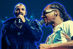 Snoop Dogg responds to Drake's AI-assisted diss track featuring his voice. An image featuring Drake and Snoop Dogg. On the left, a man with a closely cropped beard and a contemplative expression holds a microphone close to his mouth. He's wearing a dark jacket with a visible logo and chains around his neck, suggesting a stylish or performative setting. On the right, another man with braided hair, stylish sunglasses, and a large chain necklace is also holding a microphone, seemingly mid-performance with a dynamic expression. The background has a digital, neon light motif, enhancing the entertainment vibe of the scene.