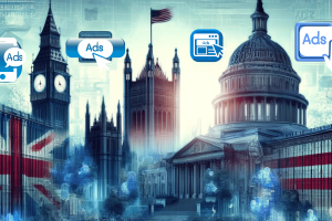 Some UK and US government sites are 'sharing data with ad brokers'. A digital collage merging iconic UK and US government buildings with floating digital ad bubbles and data streams, illustrating the sharing of visitor information with advertising brokers. The UK's Big Ben and the US Capitol building are prominently featured against a backdrop of digital elements and the Union Jack and American flag, emphasizing the intersection of governance and digital advertising.