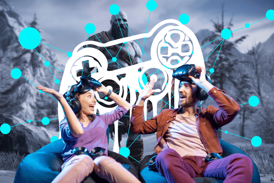 An image depicting two people, a woman on the left and a man on the right, sitting in bean bag chairs and enthusiastically using VR headsets. They appear to be engaging in an immersive experience, with their hands raised in excitement and expressions of joy. Behind them is a grayscale, outdoor mountain scene featuring a large statue, possibly from a game. Overlaid on the image are bright blue, connected nodes and lines of a graph, as well as a white, abstract design incorporating a circular pattern and a stylized face in the center. The design suggests a technological or digital theme, possibly representing data, AI, or network connections. Sony files auto-play patent allowing AI to take control during grinding moments