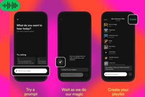 Spotify launches AI Playlist allowing users to create playlists with prompt. An image showcasing Spotify's AI playlist creation process on a smartphone. The first screen invites users to type what they want to hear, with a sample prompt provided. The second screen displays the AI working on the request, and the third screen presents a finished playlist titled "Main Character Vibes" ready to be created. The vibrant background gradients and clear instructions emphasize the app's ease of use and personalization features.