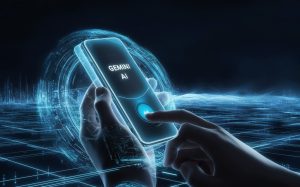 A futuristic 3D render of a person using a sleek, holographic mobile phone. The phone's screen displays 