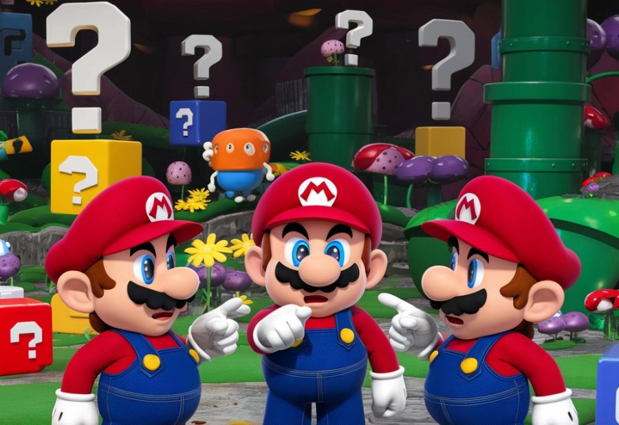 Three Super Mario's pointing at one another(1)