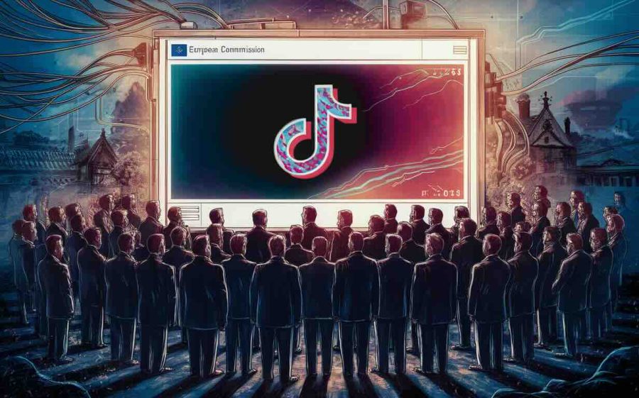 A conceptual illustration of the European Commission, represented as a group of suited figures, gathered around a large screen displaying a TikTok Lite video. The video features a dancing figure in a vibrant, patterned outfit. The background is a blend of digital and analog elements, with wires and circuits merging with a traditional European landscape.