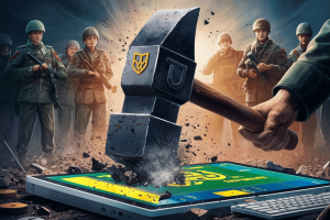 Ukraine bans military from online gambling amid addiction concerns. An illustration depicts soldiers in historical military attire observing as a giant hammer, wielded by a large hand, strikes down upon a laptop displaying a vibrant online gambling interface, causing it to shatter dramatically. The imagery symbolizes a forceful crackdown or prohibition, possibly by a government or military authority, on online gambling activities, as indicated by the emblem on the hammer and the title of the image. The soldiers' presence and their focused attention on the event suggest that this crackdown is particularly relevant to military personnel.