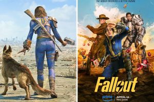 Left hand side is an image of a women in a Vault suit and a dog walking into a post apocalyptic desert in Fallout 4. Right hand side image is the promotional poster from Fallout TV Series