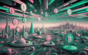 A futuristic digital landscape filled with various blockchain and cryptocurrency symbols, representing the digital world of decentralized finance. The sky is a blend of colorful gradients, and the land is covered with peculiar structures and shapes, alluding to the complex algorithms and processes that underpin the cryptocurrency ecosystem. In the distance, a city skyline with modern, futuristic buildings signifies the potential for growth and innovation in this digital economy.