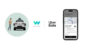 Waymo logo alongside fully autonomous food delivery car along with the Uber logo on the right and screenshot of Uber app on iPhone