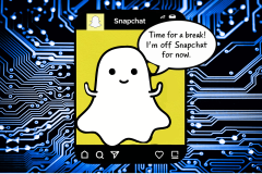 What is Snapchat's My AI function and how to remove it for good. An illustration of Snapchat's mascot, Ghostface Chillah, depicted as a friendly ghost holding a speech bubble that reads, "Time for a break! I’m off Snapchat for now." The background features a complex pattern of blue digital circuitry, symbolizing the integration of advanced technology such as AI into the app. The image combines the iconic imagery of Snapchat with a representation of the digital technology powering its features.