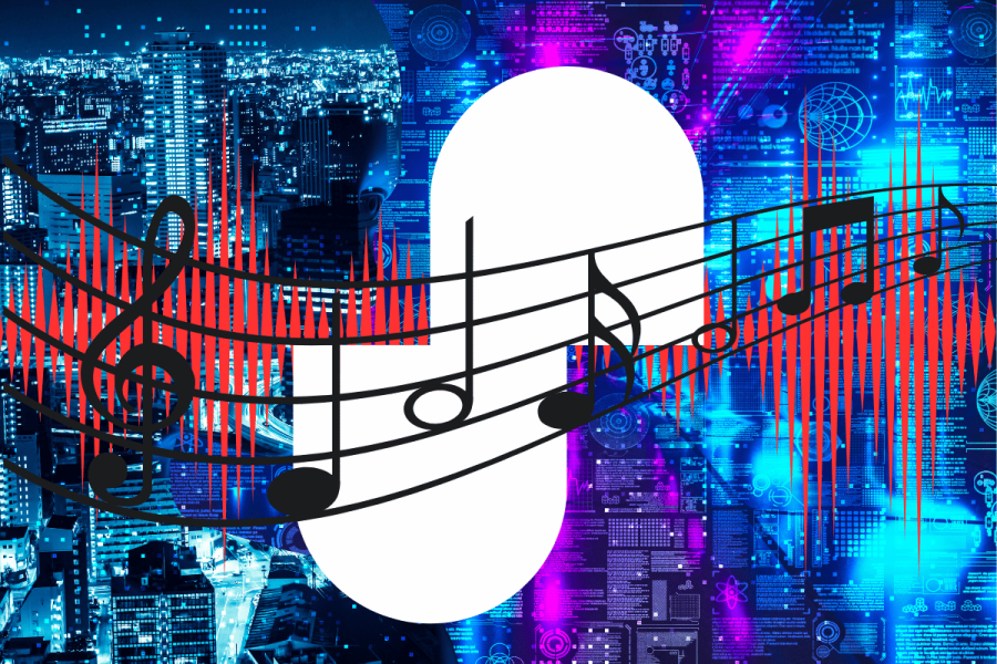 What is Suno AI? The music generator making waves. A vibrant digital collage featuring a large white circles representative of the Suno AI logo overlaid with black musical notes and staves, set against a bustling neon-lit cityscape and a backdrop of cybernetic and musical interfaces, representing the fusion of music and technology.