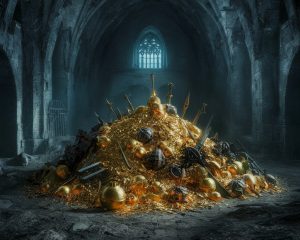 A glittering stockpile rests in a foreboding fantasy setting