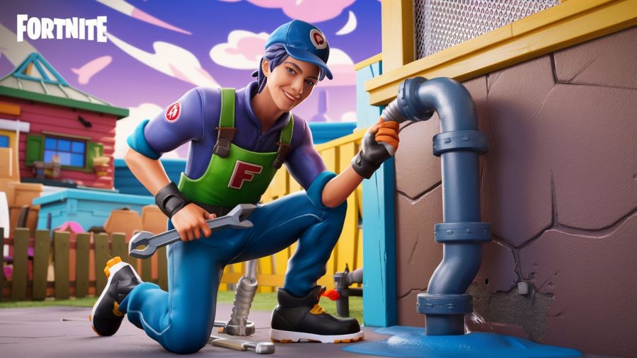 An AI-Generated image of a Fortnite player fixing a leak with a wrench