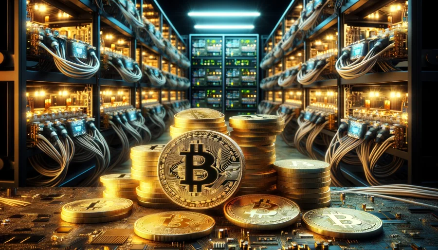 A stack of Bitcoin coins with mining rigs in the background, representing the miners stockpiling bitcoin in anticipation of the upcoming halving.