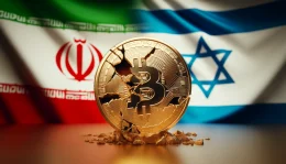 A cracked gold coin featuring the Bitcoin symbol, with a blurry image of Iran and Israel's flags in the background.