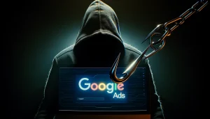 A sinister hooded figure emerging from a computer screen displaying the Google Ads logo, reaching out with a phishing hook towards a cryptocurrency wallet.