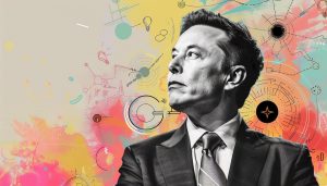Elon Musk black and white white headshot. Bright pastel background with symbols representing AI