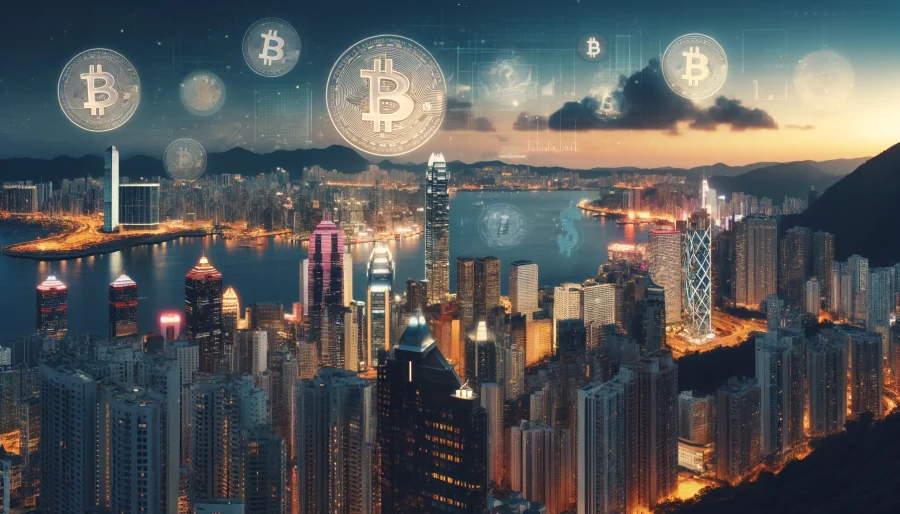 An image of the Hong Kong skyline with Bitcoin symbols or graphics overlaid, representing the potential introduction of spot Bitcoin ETFs in the city.