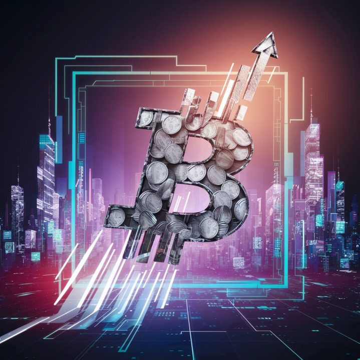 A digital illustration of a soaring Bitcoin symbol, composed of metallic coins and a graph that rapidly ascends to the heavens. The Bitcoin symbol is enclosed in a digital frame, with a background of a futuristic cityscape. The city is bathed in a neon glow, with skyscrapers made of glowing screens and digital currency symbols. The overall theme is a blend of technology, digital finance, and the future.
