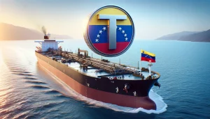 A close-up shot of an oil tanker at sea with the Venezuelan flag flying in the foreground, and a large Tether (USDT) coin floating in the sky above the tanker, representing the shift to digital currency in Venezuela's oil exports.