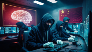 AI-inspired image of a team of Chinese hackers in a control room with the flag of China on the wall