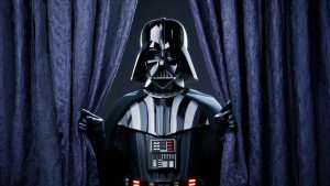 An AI-generated image of Darth Vader peeping out from behind some curtains.