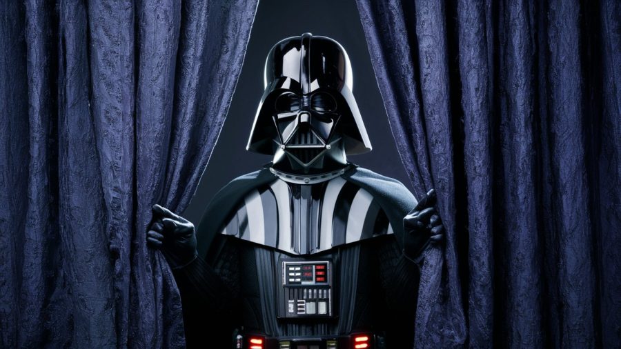 An AI-generated image of Darth Vader peeping out from behind some curtains.