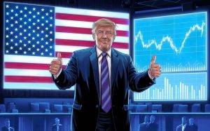 donald trump stands with his thumbs up in front of an american flag and a giant screen with financial charts on them, illustration