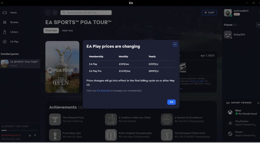 EA Play price increase notification