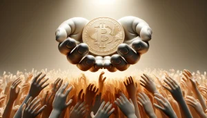 A 3D render of a large, open hand holding a shimmering Bitcoin, with numerous smaller hands reaching out to touch or hold the coin, symbolizing the growing adoption and distribution of Bitcoin among the 