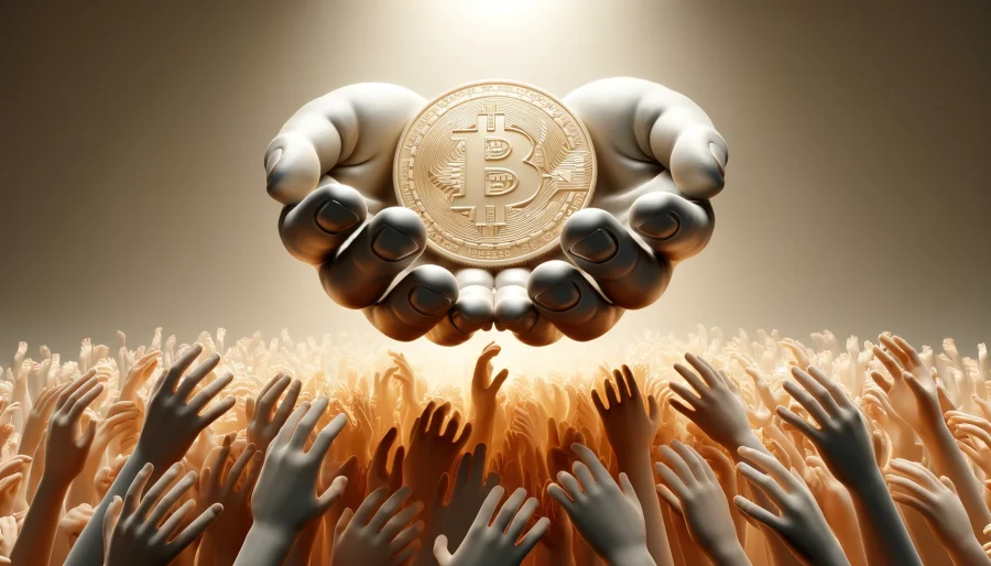 A 3D render of a large, open hand holding a shimmering Bitcoin, with numerous smaller hands reaching out to touch or hold the coin, symbolizing the growing adoption and distribution of Bitcoin among the "average" person.