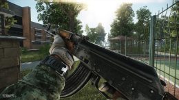 an AK-47 assault rifle hoisted in first person view in Escape From Tarkov, a video game