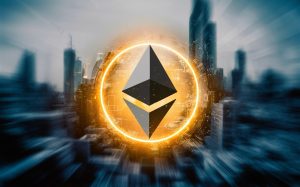 a dynamic image with the ethereum logo surrounded by a glowing aura and blurred city background with skyscrapers