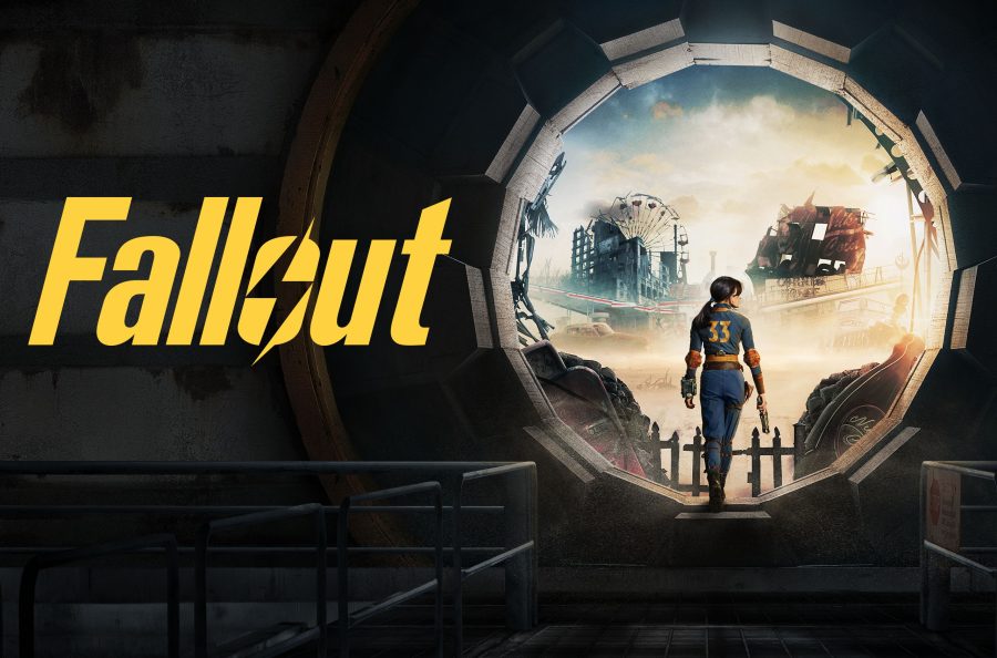 title card for Fallout, a television series airing on Amazon. The image shows the Fallout logo next to a stylized picture of lead actor Ella Purnell, in a montage that resembles a skull