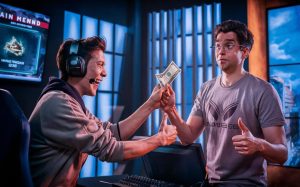 An enthusiastic gamer is seen handing over a crisp $20 bill to a grateful game developer. The gamer is dressed in a casual yet comfortable gaming attire, with a gaming headset on and a triumphant smile on their face. The developer, wearing a t-shirt with the game's logo and a pair of glasses, looks puzzled yet grateful, with a 'thumbs up' gesture. The background features a large screen displaying the game's main menu, with a cityscape visible through the window behind them.