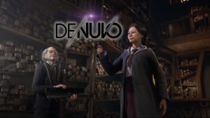 An image from Hogwarts Legacy with a Denuvo logo overlaid.