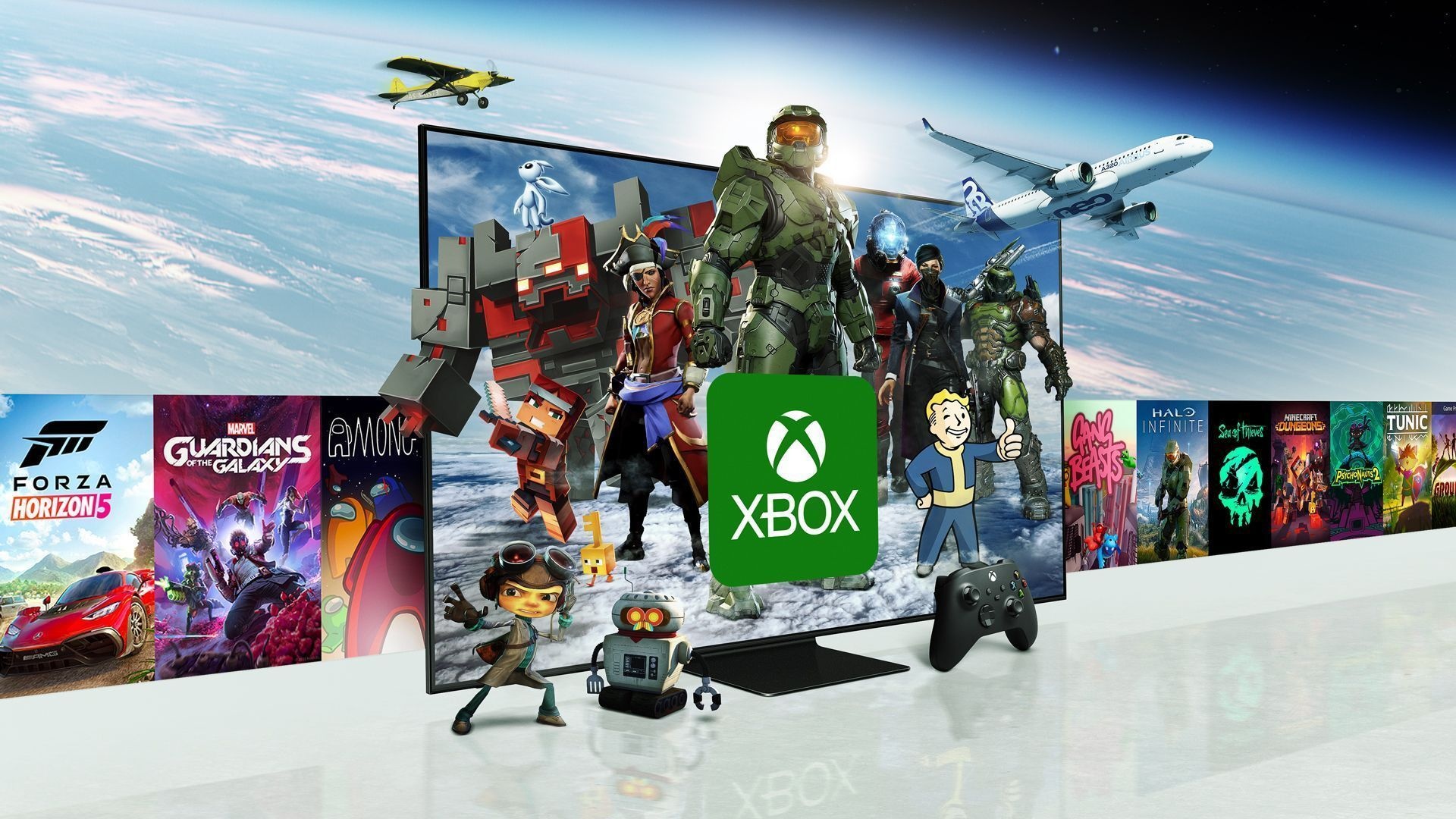 A TV displaying various Xbox character mascots