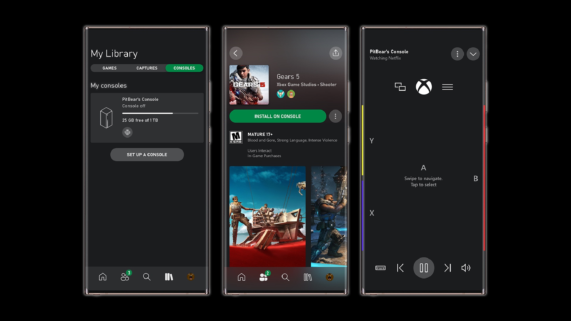 Three screens from Xbox app