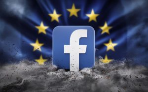 Facebook logo amidst a storm of controversy, with the European Union emblem looming in the background.